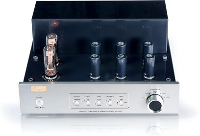 Cayin CS-6PH -hopeanvärinen, harjattua alumiinia oleva high-end-vahvistin, etuviistosta kuvattuna. Etupaneelissa valkoinen virtapainike, suuri musta metallireunainen impedanssivalitsin ja LED-säätöpaneeli. Kiiltävän mustalla ylälevyllä kaksi suurta hehkuvaa lasiputkea sekä neljä pienempää putkea, joissa sylinterimäiset suojukset.