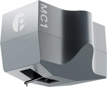 Testina per giradischi hi-fi Pro-Ject Pick It MC1 grigia vista angolata con logo P e scritta MC1 visibili