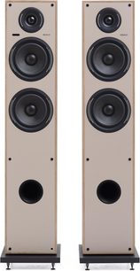 Dva sloupové reproduktory Elipson Horus 11 Active BT Phono, béžová ozvučnice, světlé dřevěné boky, výškový reproduktor, dva woofery, přední bassreflexový port