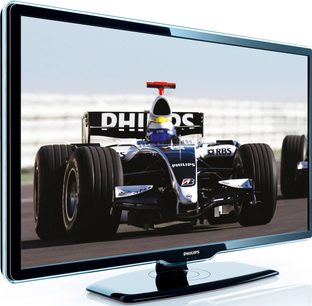 Philips 42PFL7404H-fladskærms-tv, der viser en AT&T Williams-Toyota FW29 Formel 1-racerbil kørt af Nico Rosberg, set fra siden
