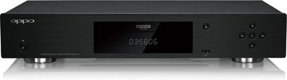 OPPO UDP-203 EU fekete 4K Blu-ray lejátszó, elölnézet, kék LED kijelző "035606", előlapon gombok és USB portok