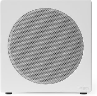 Witte Tangent Spectrum II XSW8 subwoofer, vooraanzicht, grote ronde metalen grille, zwarte voetjes