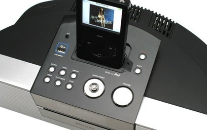 Philips DCM230 sort dokstationer, set oppefra, LCD-skærm, kontrolknapper, iPod/iPhone-port, højttalere