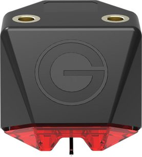 Goldring E1 sort cellule til vinylpladespillere, set forfra og oppefra. To røde nåle. Trapezformet design