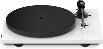 Giradischi hi-fi Pro-Ject E1 Phono bianco con piatto circolare nero, braccio di lettura nero, base rettangolare bianca, vista frontale