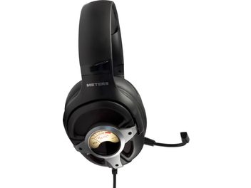 Căști hi-fi Meters Level Up negre, vedere laterală, cu arcadă mare, cablu micro și cadran VU pe cască