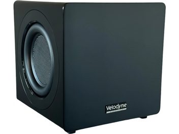 Caja de graves Velodyne MiniVee X, vista en ángulo, carcasa cúbica negra, altavoz circular en el lado izquierdo