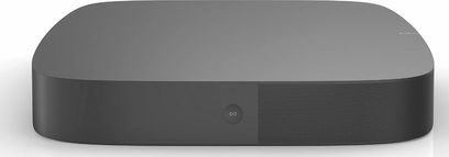 Soundbar Sonos PLAYBASE černý, pohled zepředu, zaoblený obdélníkový tvar, černá mřížka na přední straně