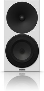 Caixa acústica de estante Amphion Argon 3S, vista frontal, gabinete preto fosco, alto-falante redondo preto, tweeter redondo branco