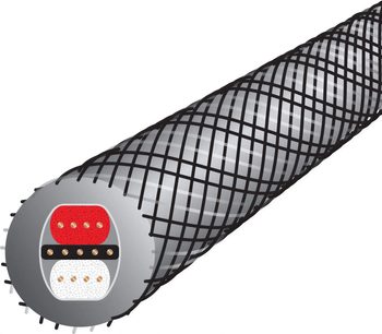Digitalt AES/EBU-lydkabel Micro Silver Eclipse 10 med sort flettet yderkappe, tværsnit viser 2 ledere i rød og hvid, guldbelagte stik, grå indvendig isolering