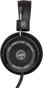 Åbne hi-fi hovedtelefoner Grado SR80x, sorte runde transducere i sorte ørekopper, hovedbøjle i sort læder, sort snoet kabel