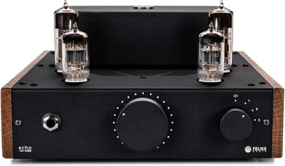 Sluchátkový hi-fi předzesilovač Feliks Audio Echo MKII Vibe černý lampový s dřevěným čelním panelem a velkým středovým ovladačem