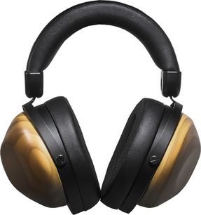 Åbent hi-fi hovedsæt Hifiman HE-R10D, hovedbøjle og ørekopper i lyst lakeret træ, ørepuder og hovedbånd i sort læder