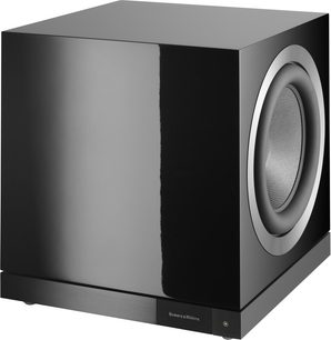 Bowers & Wilkins DB1D subwoofer i sort lak, front, lysegrå cirkulær højttaler, hvidt logo