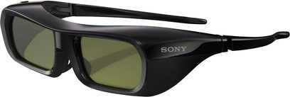 Sony TDG-PJ1 3D-briller i sort, set fra tre kvarter, foldede bøjler, grøntonede glas, tyk og afrundet stel