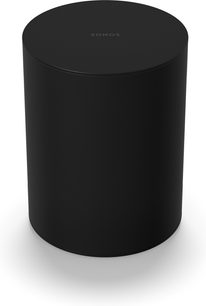 Fekete, matt felületű hengeres "Sonos" hangszóró, a szürke logó a homloklap közepén