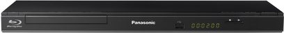 Panasonic DMP-BD75EF-K sort Blu-ray-afspiller, set forfra, blå LED-display, blank frontpanel, kontrolknapper