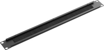 Black rectangular cable pass-through brush strip with central brushes and two circular holes at the ends