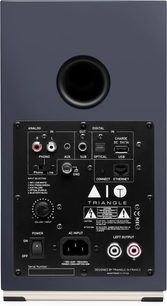Tilkoblet høyttaler Triangle AIO TWIN i abyss blå, bakside, lyd- og nettverkskontakter, kontrollknapper, etikett