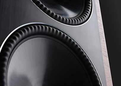 Diffusore da pavimento Paradigm Founder 80F in ciliegio scuro, primo piano della parte frontale, cabinet in legno scuro, due altoparlanti circolari neri concentrici
