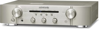 Amplificador hi-fi estéreo Marantz PM6004 silver gold, panel frontal de aluminio cepillado plateado, botones, conector para auriculares, tapa perforada