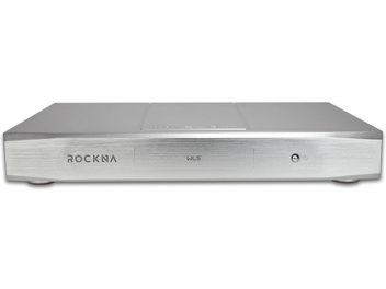Server audio de rețea Rockna Wavelight Server argintiu, carcasă compactă dreptunghiulară din aluminiu periat, panou frontal minimalist, afișaj central