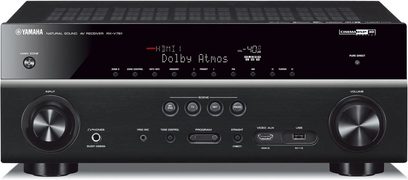 Yamaha RX-V781 sort hjemmebiografsforstærker, frontvisning, HDMI Dolby Atmos-display, frontknapper og -stik, to drejeknapper