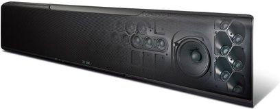 Yamaha YSP-5600 sort soundbar, set forfra, metalrist, knapper og porte på højre side, logo nederst til venstre