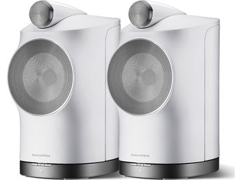 Zwei drahtlose Bowers & Wilkins Formation Duo Lautsprecher in Weiß, Frontansicht, runde Lautsprechergewebe, zylindrischer weißer Körper