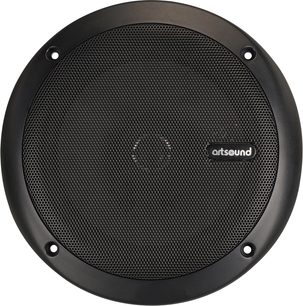 Kulatý černý stropní reproduktor ArtSound MDC64.2 s velkou černou kovovou mřížkou a bočním logem ArtSound, pohled zepředu