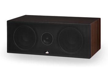 Hlavní reproduktor PSB Alpha C10 v ořechovém provedení, pohled zepředu z tří čtvrtin, tmavý dřevěný kryt, 2 černé kruhové reproduktory