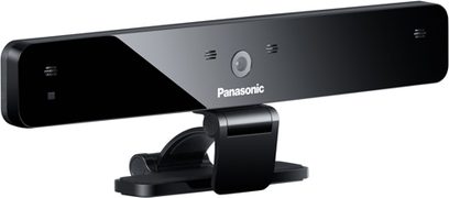 Sort Panasonic TY-CC10W-kamera, set forfra, sensor og linse vendt fremad, rektangulær base