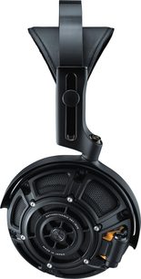 Cuffia aperta Yamaha YH-5000SE nera, metallo e pelle, padiglione visto di lato con griglia traforata e inserto arancione