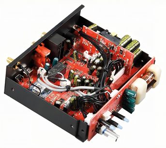 Advance Paris WTX StreamTubes Netzwerk-Audioplayer in Schwarz, Draufsicht aus drei Vierteln, offenes schwarzes Metallgehäuse mit sichtbarer roter Platine, seitlicher Vakuumröhre, grün-schwarzen zylindrischen Kondensatoren und schwarzen Kabelbündeln