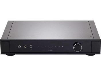 Ενισχυτής hi-fi στερεοφωνικός Rega Elex MK4 μαύρο ματ, πρόσοψη από βουρτσισμένο αλουμίνιο, κουμπιά, LEDs, υποδοχή ακουστικών, μπροστινή όψη