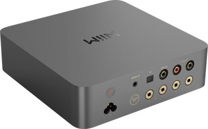 Stereo hi-fi integreret forstærker WiiM Vibelink Space grey med rektangulært kabinet, afrundede hjørner, synlige stik og porte.