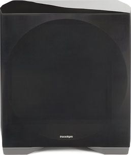 Paradigm Defiance S12 black subwoofer, cubic enclosure, mesh fabric grille, logo at the bottom, gray feet, front view