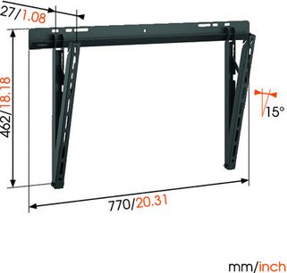 Sort metalvægbeslag til TV, set forfra med dimensioner i mm, 770 mm bred, 462 mm høj, 27 mm dyb og 15° hældning