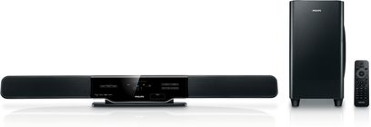 Philips HSB2313 sort soundbar med subwoofer, fjernbetjening og to højttalere, set forfra