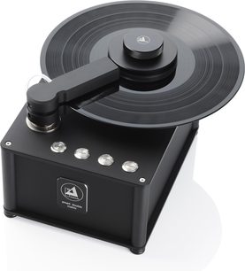 ClearAudio Smart juodos spalvos dvigubos matricos vinilinių plokštelių plovimo mašina, pagrindas su valymo ginklu ir metaliniais valdikliais