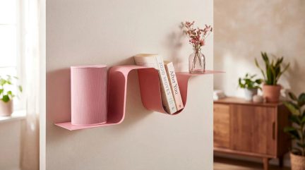 Designová růžová vlnitá nástěnná police s knihami, dekorativním válcem a skleněnou vázou, čelní pohled
