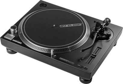 DJ gramofón Reloop RP 5000 MK4, čierny, s hliníkovým tanierom so strieborným lemom, esovitým ramenom a bočným pitch faderom