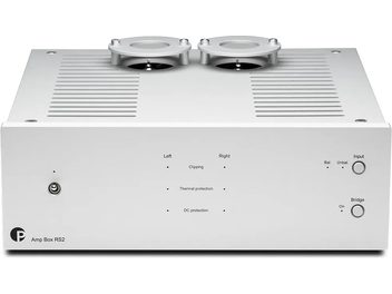 Hi-fi усилвател Pro-Ject Amp Box RS2 сребрист, изглед отпред, сребрист корпус с две видими лампи отгоре