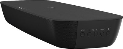 Panasonic SC-HTB250EGK sort soundbar, set forfra, buet form, sort gitter på forsiden, knapper på toppen