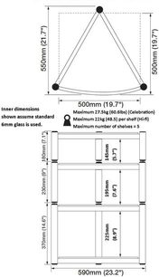 Teknisk diagram med dimensioner af et trekantet glasreol Atacama Audio Equinox 1, set forfra og fra siden