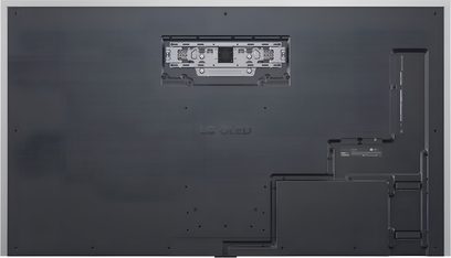 LG OLED83G5 TV i matt svart, bakpanel i teksturert metall med sentralt veggfeste, vinklet elektronikkboks og integrert kabelkanal til høyre, baksidevisning