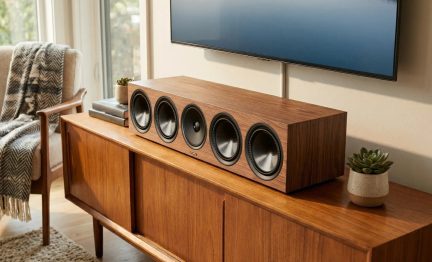 Fa hatású kivitelű hi-fi center hangsugárzó öt fekete hangszóróval, falra szerelt televízió alatti bútoron elhelyezve