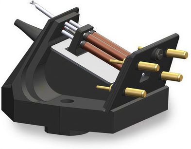 Celulă platou viniluri Rega Nd7, vedere în perspectivă, bază neagră, conectori aurii, fire interne vizibile, structură unghiulară
