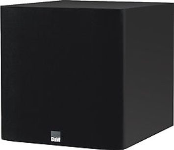 Bowers & Wilkins ASW608 sort subwoofer, kubisk form, afrundede hjørner, mat sort finish, hvidt "B&W" logo
