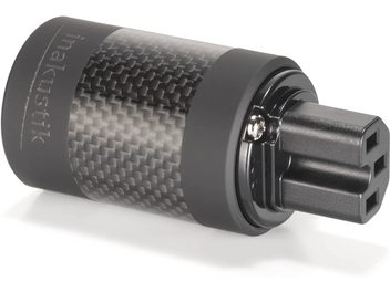UHQ C15R Power Adapter Plug DRUCK, angled view, textured black cylindrical body, 3-pin connector, silver screw